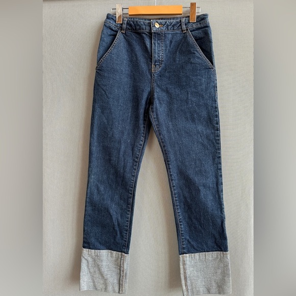 Massimo Dutti | High Rise Straight Leg Jeans | Cuffed Hem Dark Wash | Size 4 - Picture 1 of 10